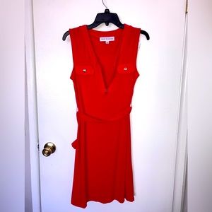 Red Pink Sleeveless Dress Tie Business Casual Pockets Front Zipper